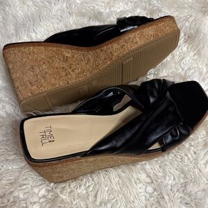 Time and Tru Black Cork Wedge Sandals